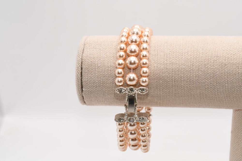 Vintage Faux Pearl 3 Strand Bracelet Pink Rhinestone Clasp 7.25”
